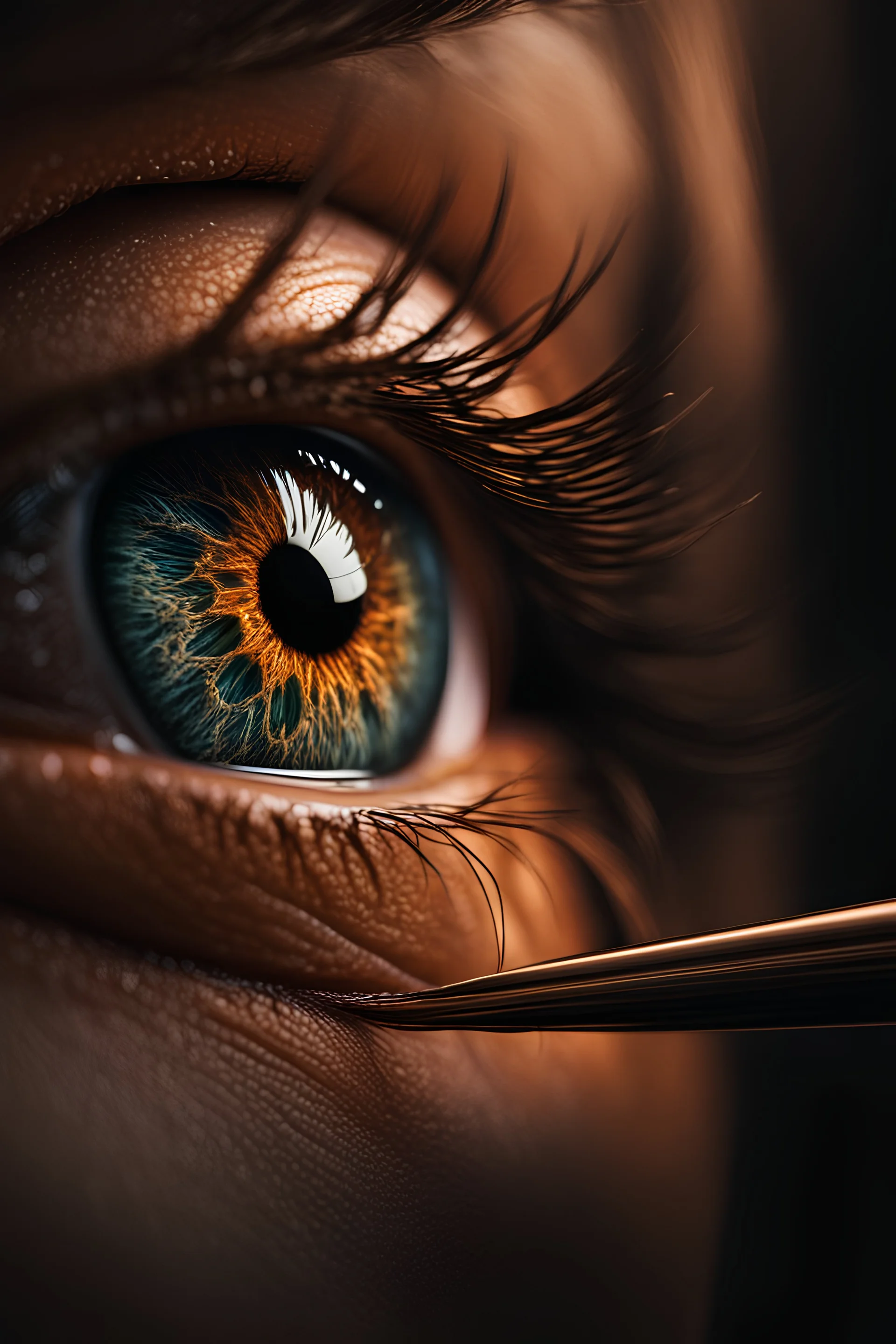 human eye peaking from a lust brush , macro lens , extreme detailed with intricate details , photorealistic , cinematic lights, luminous eyes, striking contrast , exquisite clarity , centered hyper realistic cover photo, ultra sharp focus, very detailed with intricate details , 32k octane render