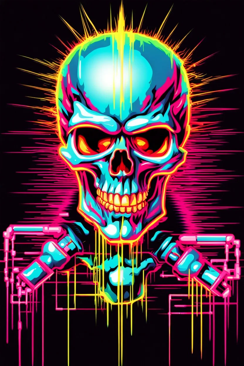 Skull being electrified, 80s airbrush artwork style, bright colored retro ... pixel art 16bit retro style ..