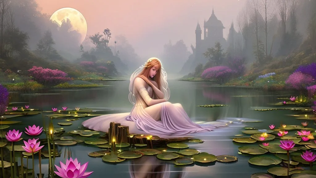 A digital illustration blending realism and fantasy, depicting Ophelia in a modern interpretation of a tunic, her thighs bathed in the soft glow of the moon, surrounded by vibrant lotus flowers and swaying reeds. The scene is infused with a sense of enchantment and surrealism, with a hint of whimsy and magic in the air. This version explores a more contemporary and imaginative approach to the traditional imagery.