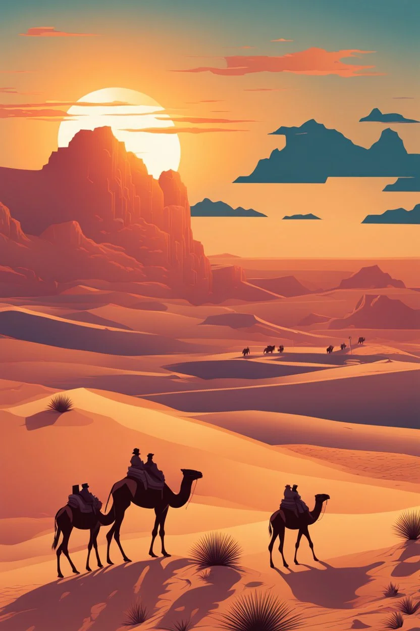 Ilustración estilo cómic de un atardecer en el desierto con camellos cálida ultra hiperdetallado