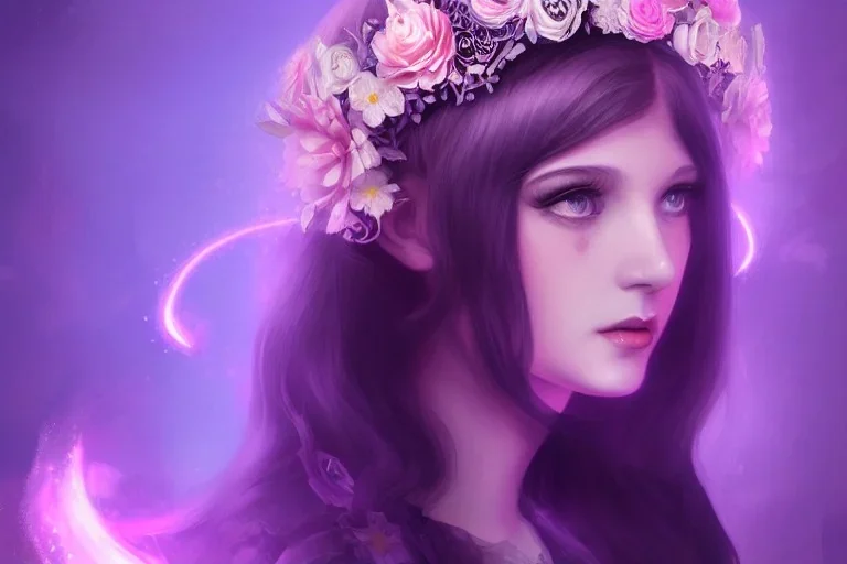 a beautiful cinematic female lolita goddess, flower crown, galatic shamen with quantum energy fantasy, fantasy magic, undercut hairstyle, volumetric lighting, dark night light, intricate, elegant, sharp focus, illustration, highly detailed, digital painting, concept art, matte, art by sam curry