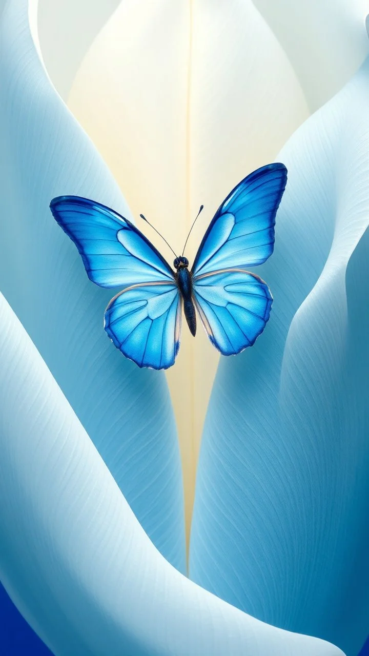 White and blue butterfly,The background should be composed of blue petals that gradually transition to a creamy butter-colored center, with the petal tips delicately tinted in a noble, pale blue. The transitions between colors should be seamless and smooth, with no sharp edges, giving the petals an ethereal, veil-like, silky appearance. Focus on capturing the soft texture and gentle flow of the tulip petals, creating a dreamy and elega