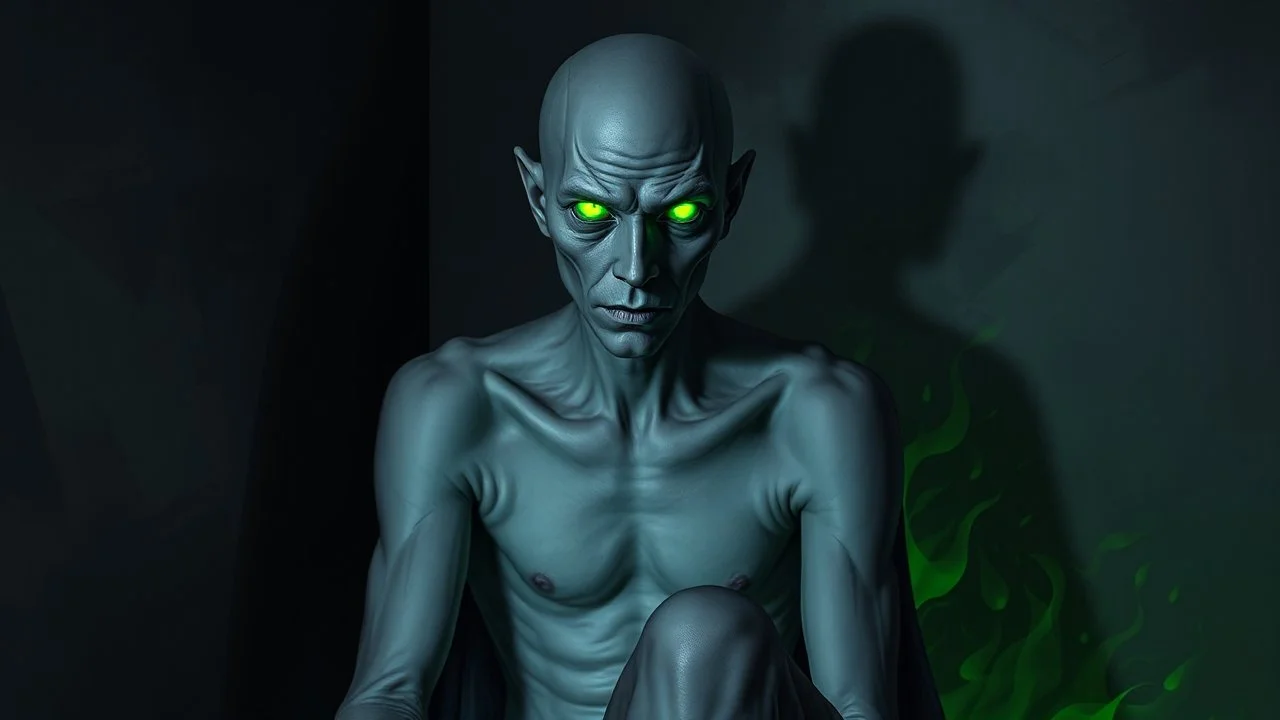 Create a portrait of an enigmatic, grey-skinned figure with eyes that glow with a piercing lime-green light. The figure is seated in a dimly lit room, surrounded by abstract grey-scale patterns that seem to shift and transform as if they were alive. The background is a mix of deep greys and subtle lime-coloured accents, with shadows that dance and flicker like flames. The figure's expression is one of deep contemplation, with a hint of melancholy. The composition should play with light and shado