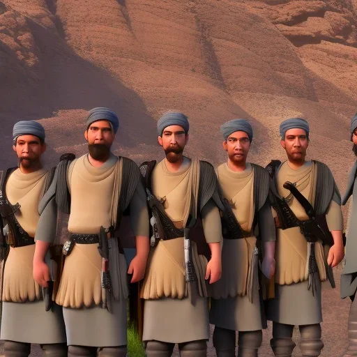 Five Taliban fighters posing in front of bamyan Buddha statues