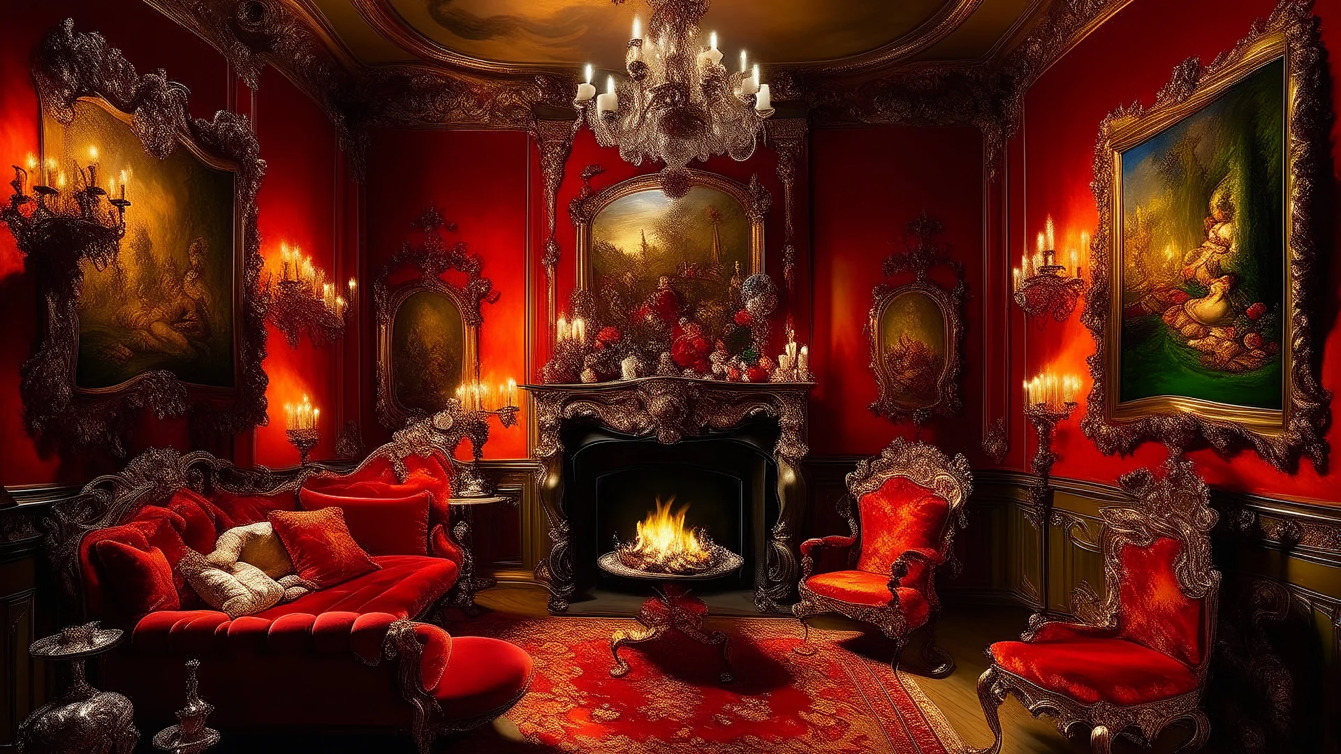 Habitación inspirada en ‘El jardín del amor’ de Rubens (versión menos conocida) → Diseño de interiores y mobiliario rococó — Barroco flamenco y exuberancia festiva — Volutas, dorados, terciopelos rojos, cuadros de caza, una gran chimenea y un laúd — Composición asimétrica y llena de movimiento, con grupos de figuras en conversación — Luz cálida y de candelabros, con puntos de luz brillantes y sombras suaves — Rojos carmín, dorados, marrones, verdes oscuros, azules y blancos marfil — Atmósfera de