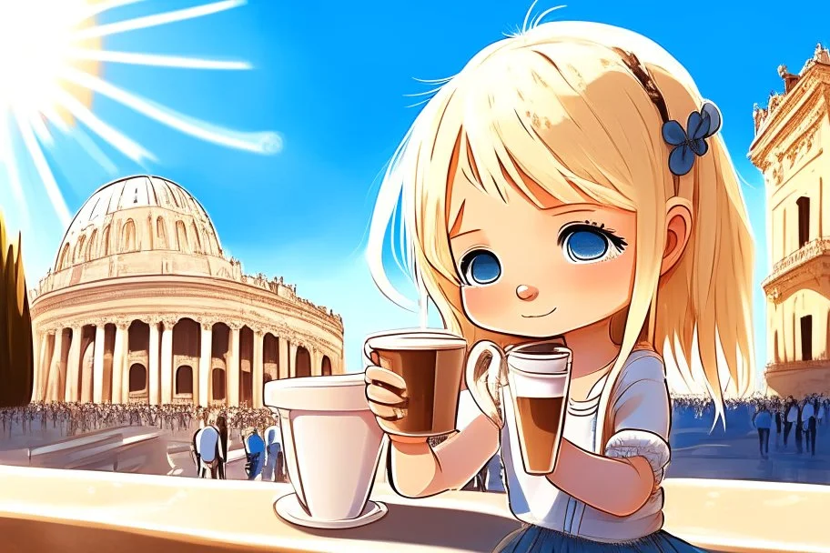 contented cute blonde blue eyed chibi girl drinking coffee in Rome in sunshine