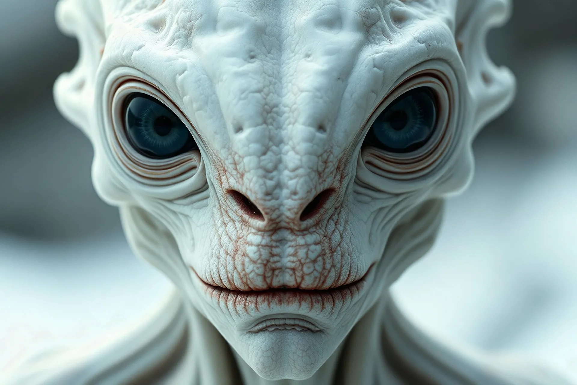 a close up of a ALIEN with a weird face, NO MOUTH, ONLY EYES, NO NOSE, PERFECT COMPOSITION, realistic creature concept, made of ice, nekro xiii, a pale skin, detailed –n 9, as atlantean reptilian warriors, skin texture details, water type, otherworldy, pale complexion