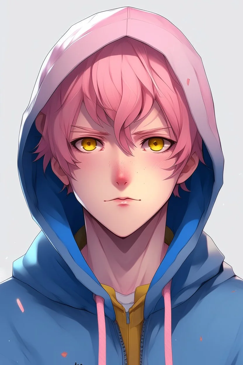 An anime man with messy short pink hair and narrow gold eyes wearing a blue hooded jacket Realistic.