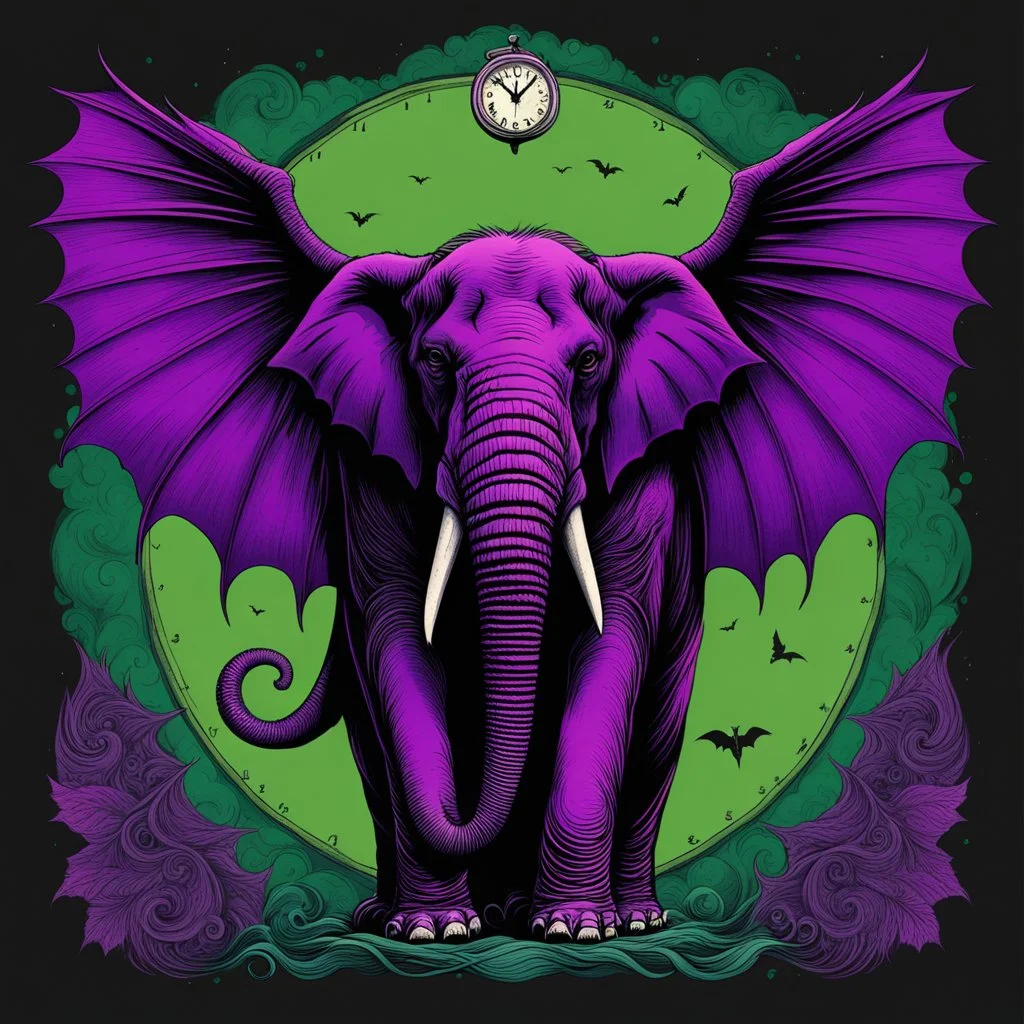 color Ink illustration by Phillipe Druilett, heavily inspired by the unsettling symbolism of Virgil Finday and Alexander Jansson, Demonic bat Winged Purple Elephant, wings coming from shoulders, large round clock embeded in the elephant's forehead, taken from a slight anglered and dark_green and black color scheme dominating the artwork, grim narrative, smooth illustration, chilling Eldritch motifs, UV reactive color slashes, textured surface, ominous representation, unsettling.