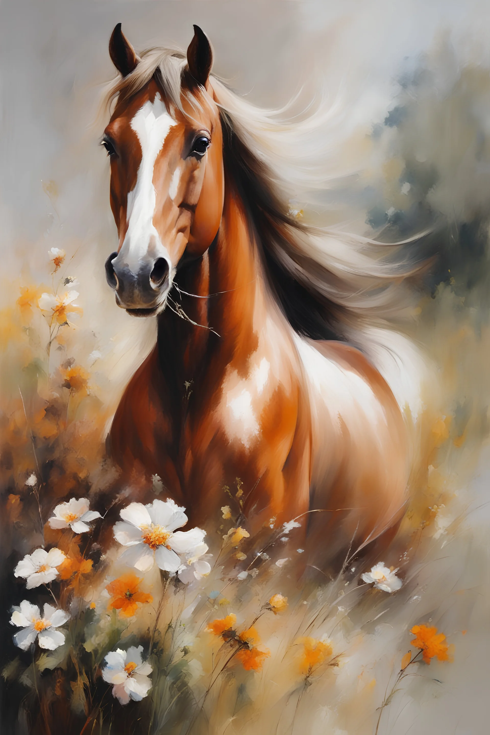 Masterpiece, best quality, Willem Haenraets style portret painting of a horse in the meadow, painted by Willem Haenraets