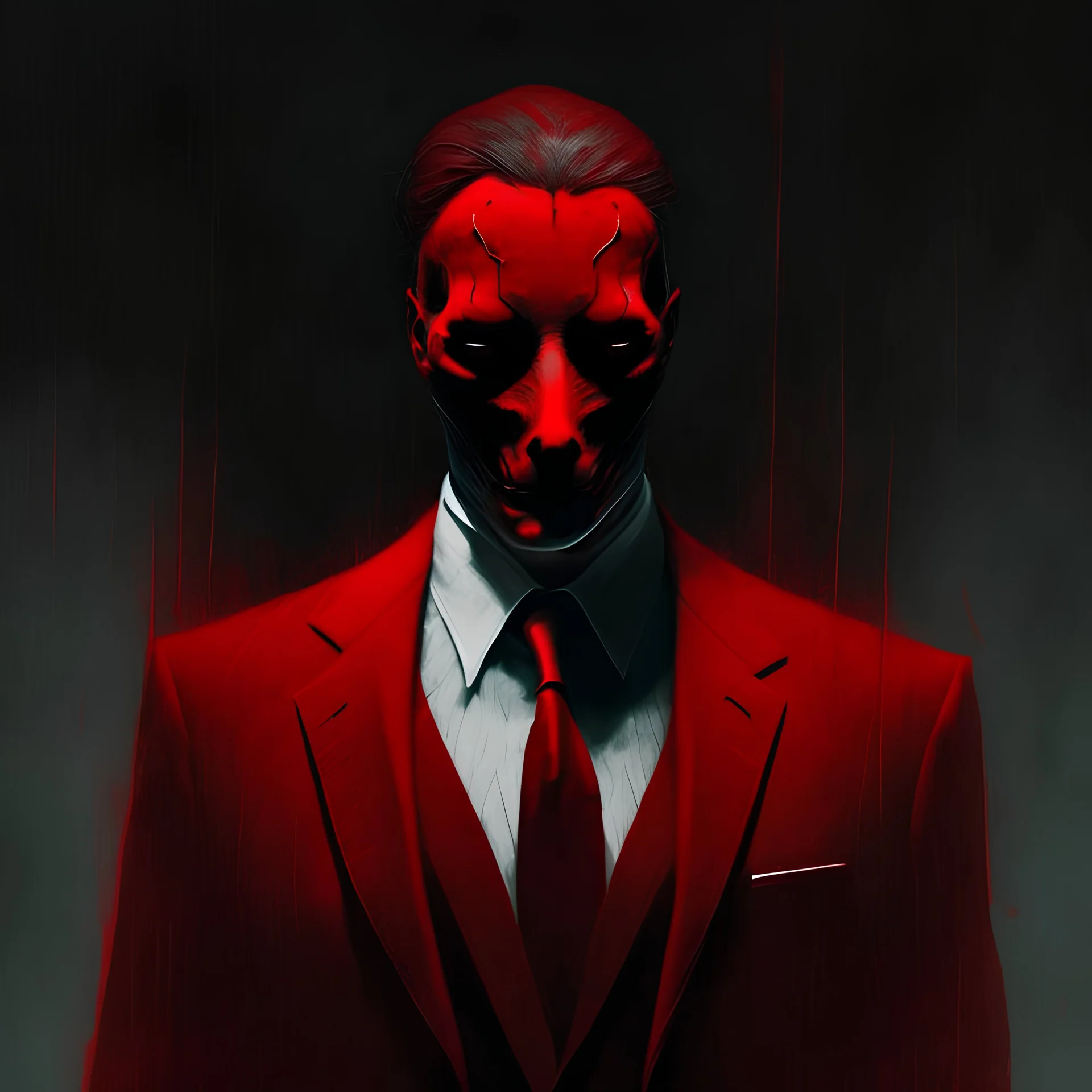 a sinister figure wearing a red suit with a red tie with no face and dirty slicked back hair