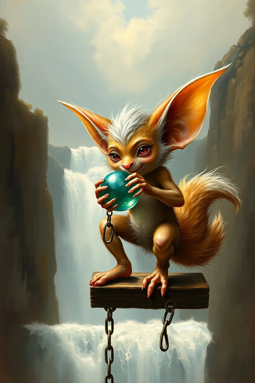 glorious transparent transcendent cute hairy gremlin elf fairy fox holding ball in chain on a balcony over waterfall, painted by Rembrandt