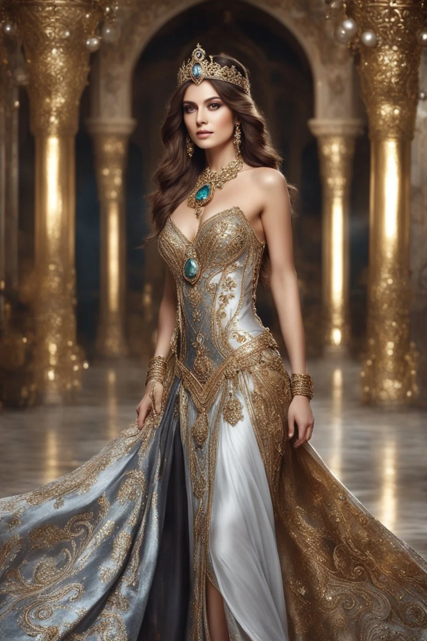 Fullbody excellent pose gorgeous photography art,cinematic realistic colors,soft blur ,natural beauty, of young woman, smiling, beautiful, shiny grey eyes, make up,Queen Persian style, shiny baubles, ornate, large gemstones, shiny molten metalics, shiny wire filigree, brown hair, high definition, stand up style in luxury castle