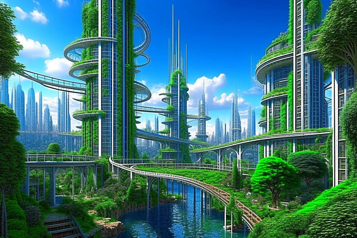 A futuristic alien city, with balconies, verandas, many arches, bridges, spires, paths, trees, dense foliage, Spanish moss, ivy, river, blue sky, white clouds