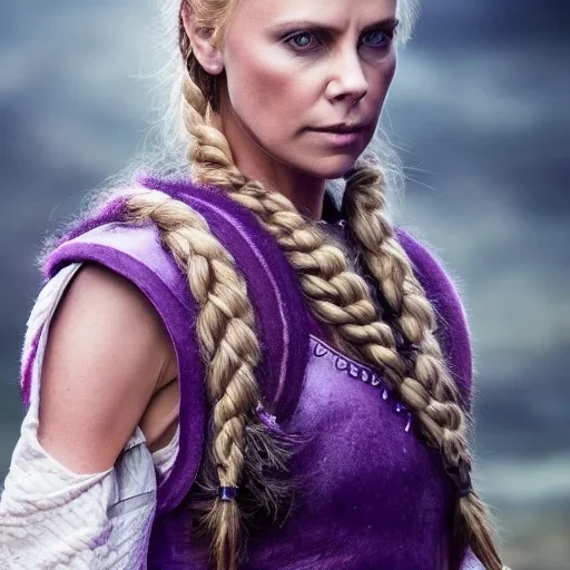 viking queen with purple armor, delicate purple braided hair, white flowing dress, highly detailed, 8k, ambient light, atmospheric lighting, charlize theron