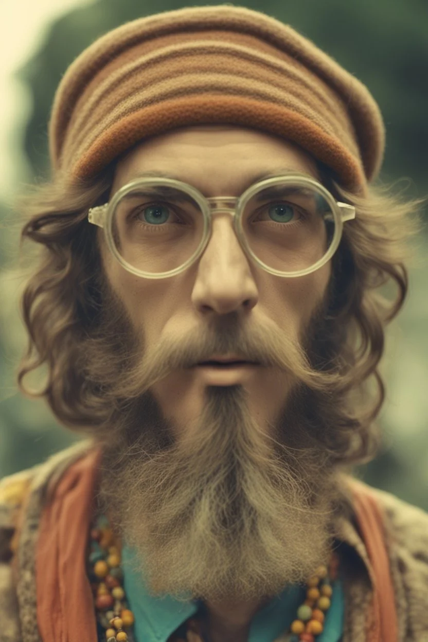 Hippie bohemian young ugly man with Parisian bohemian look and glasses of colours and poor and short short short and poor hair on the head with receding hairline. Farsightedness glasses with big eyes. Long beard. Vintage look and feel like photo styleof the 70s