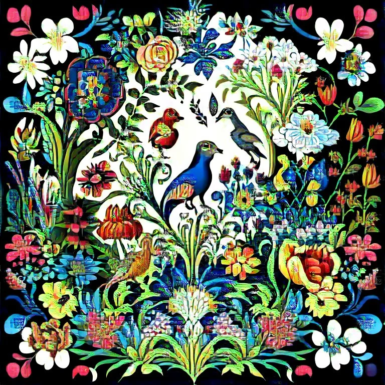 Illustrate a vibrant garden blooming with diverse flora and fauna, representing creativity and inclusivity. Show different species of plants and animals coexisting harmoniously, symbolizing the value of diversity and inclusion in fostering creativity. Rosemaling style