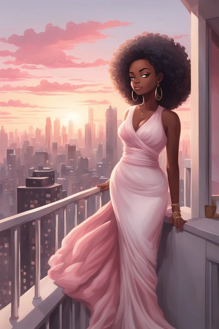 The scene opens onto a serene balcony overlooking a bustling city skyline. The sky above is painted in soft hues of pink and gray as the sun begins its descent, casting a warm glow over everything it touches. In the foreground stands a captivating figure, airbrush chibi cartoon curvy black woman exuding confidence and elegance. She is adorned in a flowing white knit maxi dress that hugs her curves in all the right places, accentuating her silhouette. Her choice of footwear is equally stunning