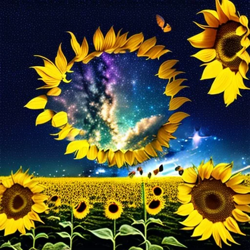 above a field of sunflowers the Milky Way curves in a summer sky digital art