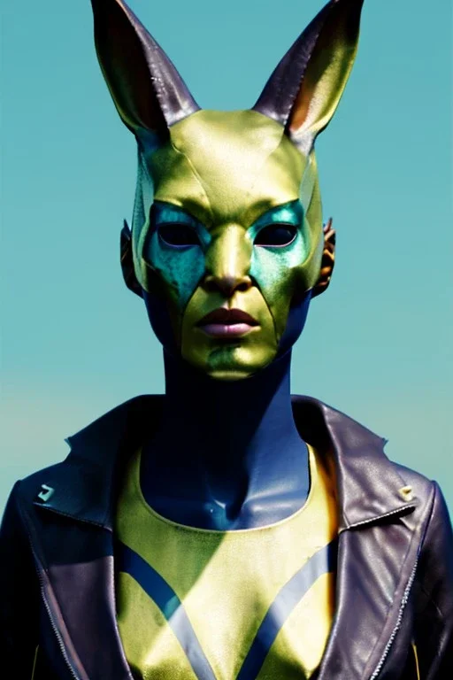 Medium Close Up Portrait, Front image. cyberpunk, rabbit mask, asian woman, titanium hair. Latex suit army. white, yellow, color. Wolverine style. Color background, photo studio. Avatar image, highly detailed, concept art, smooth, unreal engine 5, ray tracing, RTX, lumen lighting, ultra detail, volumetric lighting, 3d, finely drawn, high definition, high resolution.