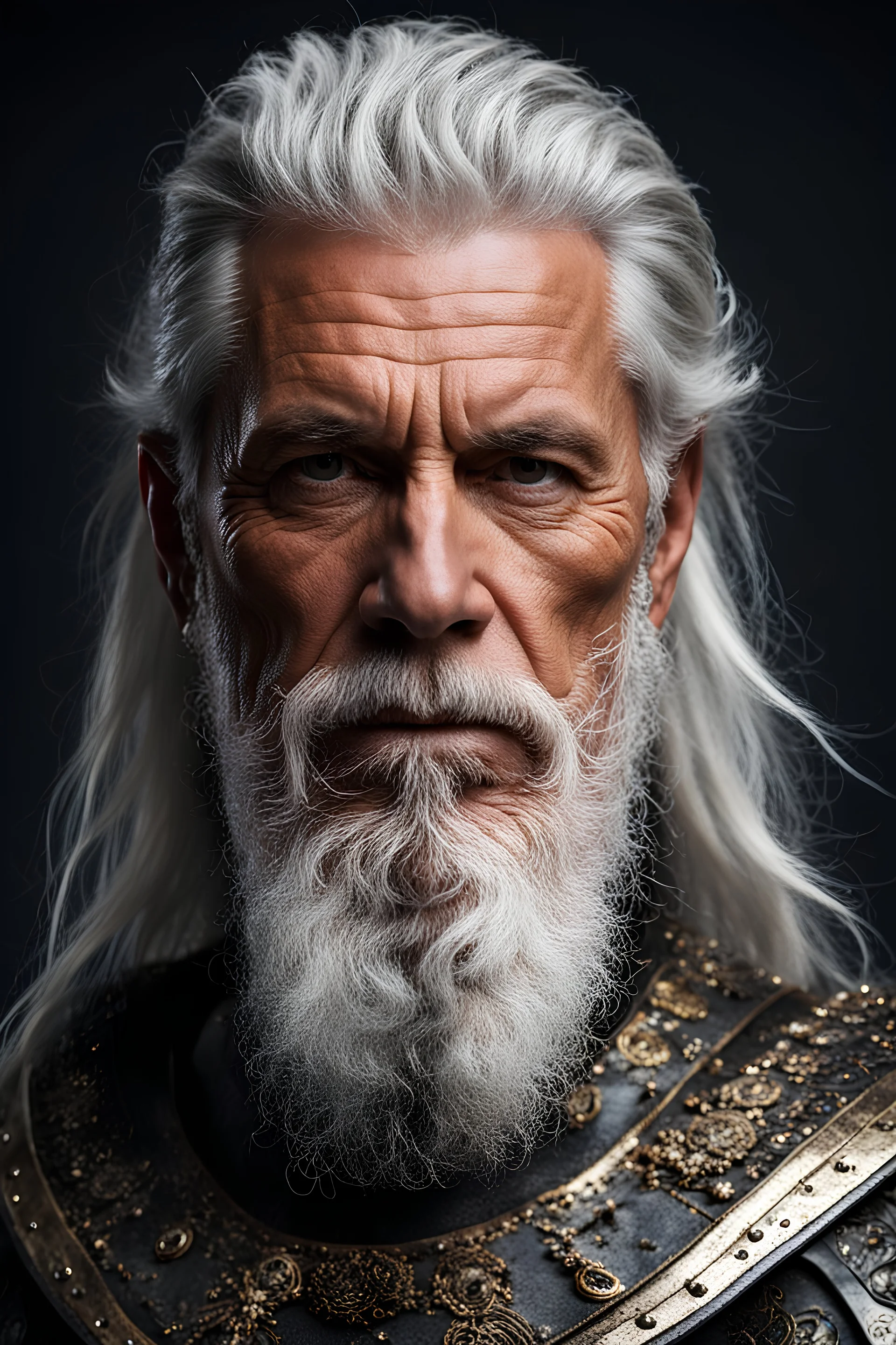 portrait of a 55 year old warrior with salt and pepper hair. His beard is neatly trimmed. Fantasy, hyperrealistic