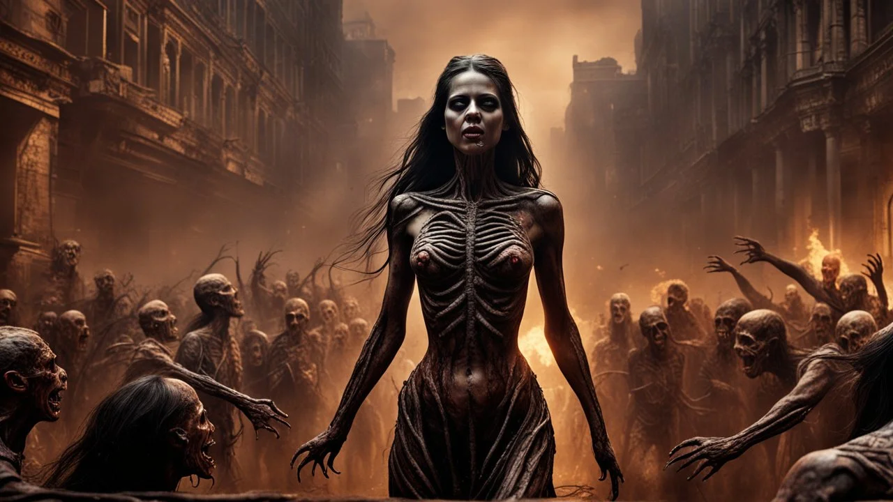 a horrifying death screaming female banshee leading an army of rotting zombies through burning city. the naked truth. fantasy setting. h.r. giger. armor melted into the skin. blood. intense horror. blind terror. scared to death. a masterpiece, fantasy concept art, dynamic lighting, hyperdetailed, intricately detailed, deep color, Unreal Engine, volumetric lighting, Epic cinematic brilliant stunning intricate meticulously detailed dramatic atmospheric maximalist digital matte painting