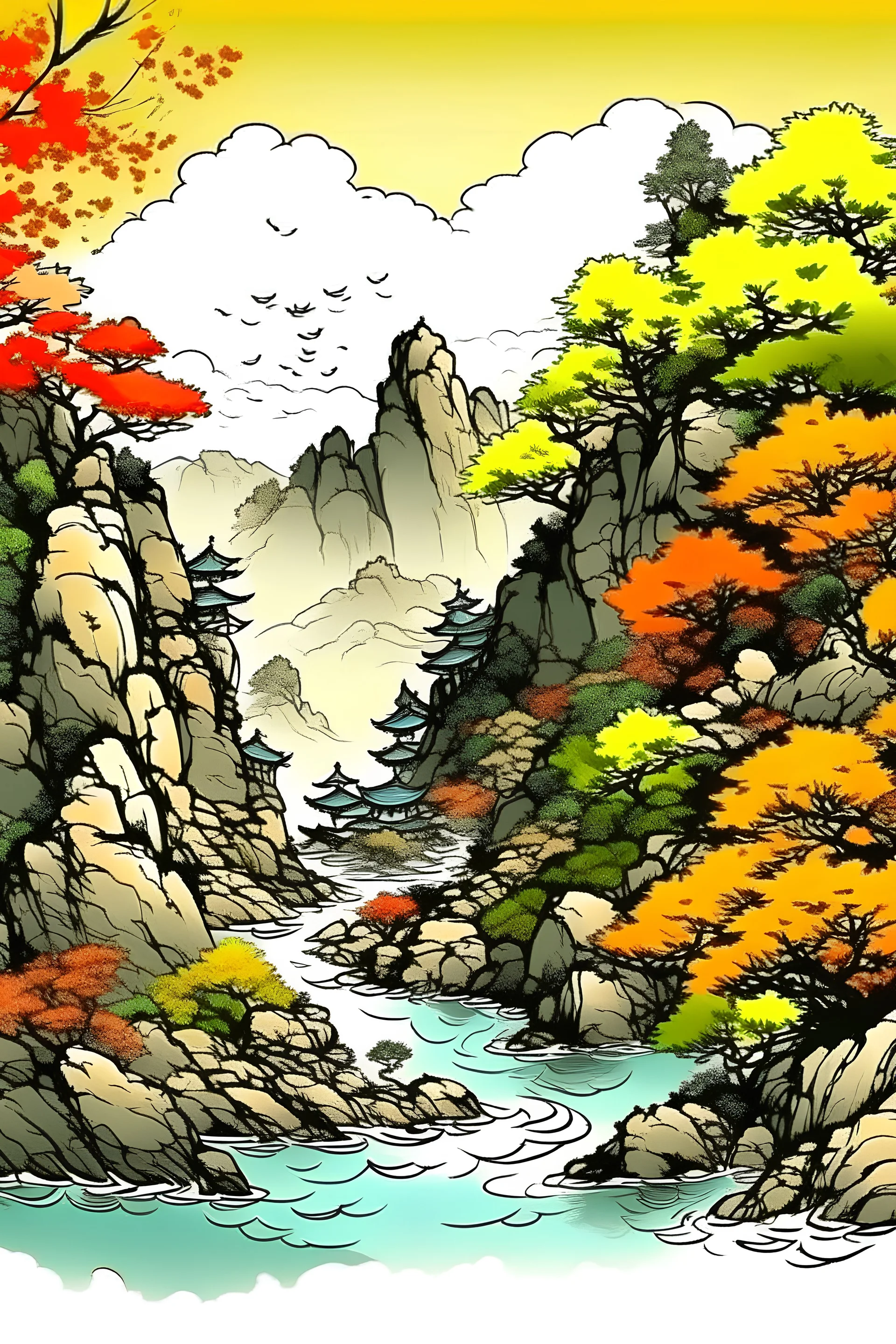 Draw the chinese landscape picture with line image, hard style, Pigment, colored