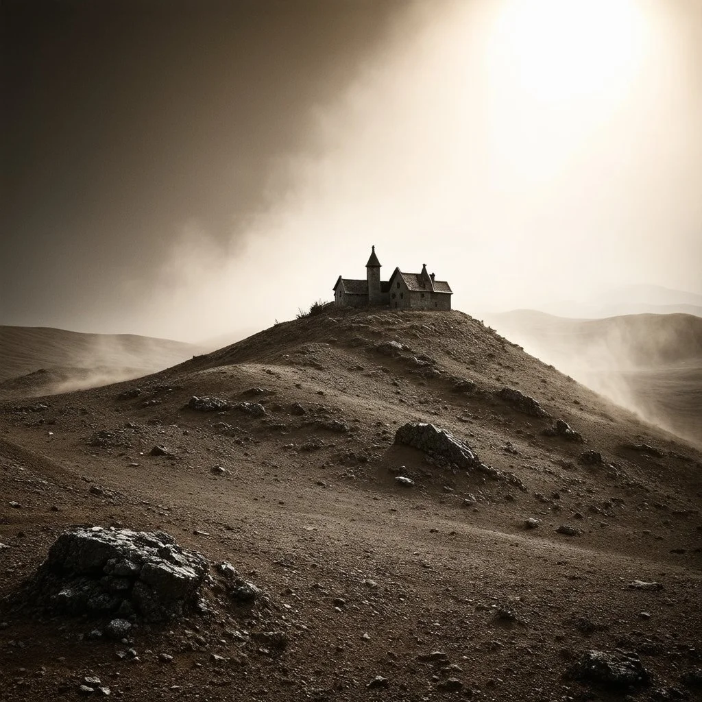 An image captures a wasteland with village on the top of a hill, creepy, details of the dust very accentuated, glossy organic mass, adorned with minerals and rocks. Bathed in intense light, eerie, Max Ernst style, black sun, fog