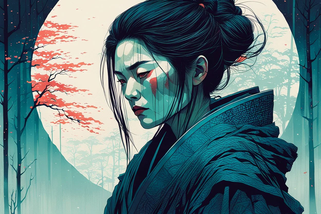 create an imaginative print illustration of an ethereal, otherworldly gaunt and withered ancient female ronin vampire , in the style of Hasui Kawase , Shiro Kasamatsu combined with the graphic novel style of Bill Sienkiewicz, with highly detailed feminine facial features