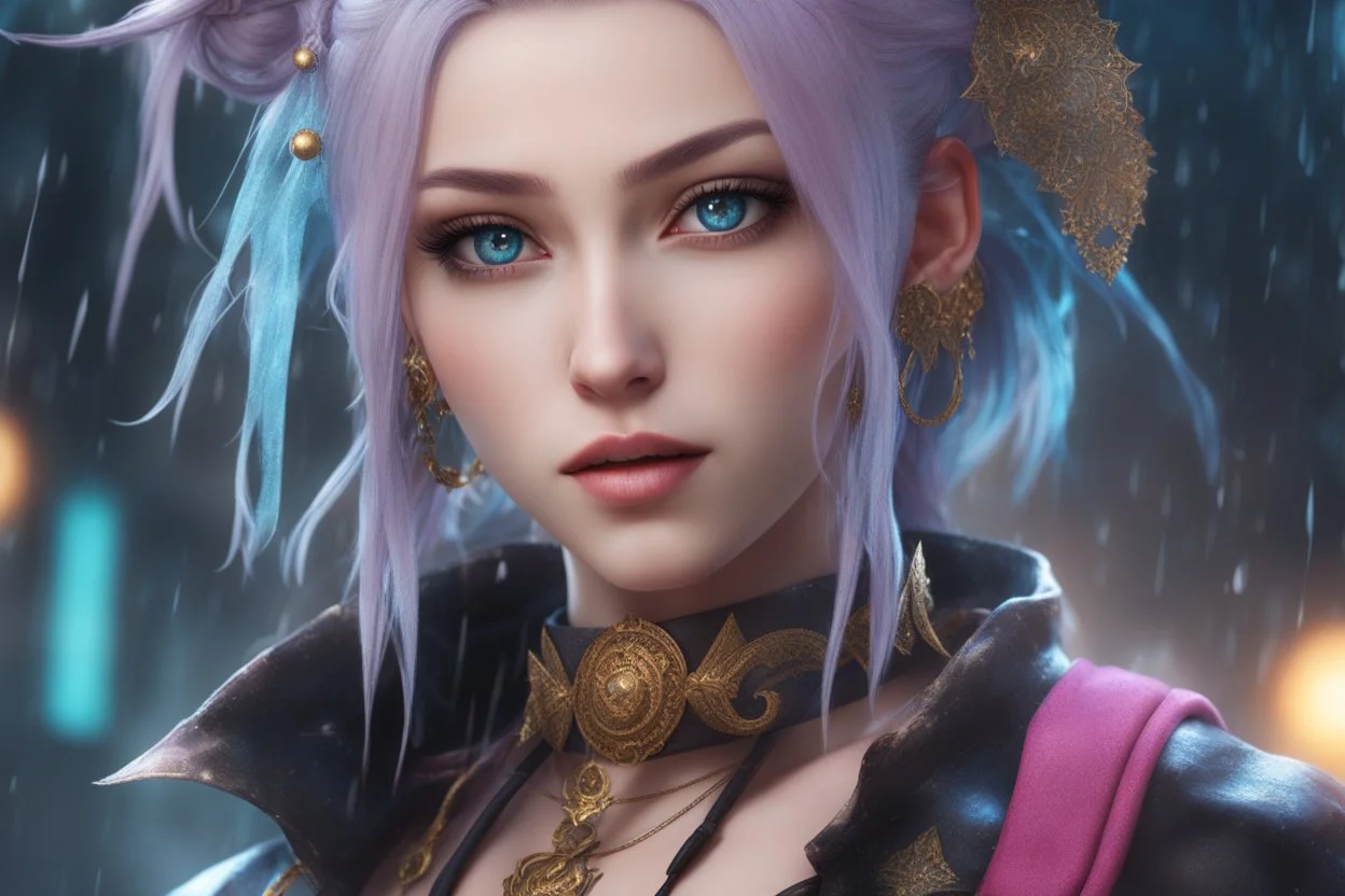 Jinx in 8k anime cgi artstyle, arcane them, normal eyes, close picture, rain, apocalypse, intricate details, highly detailed, high details, detailed portrait, masterpiece,ultra detailed, ultra quality