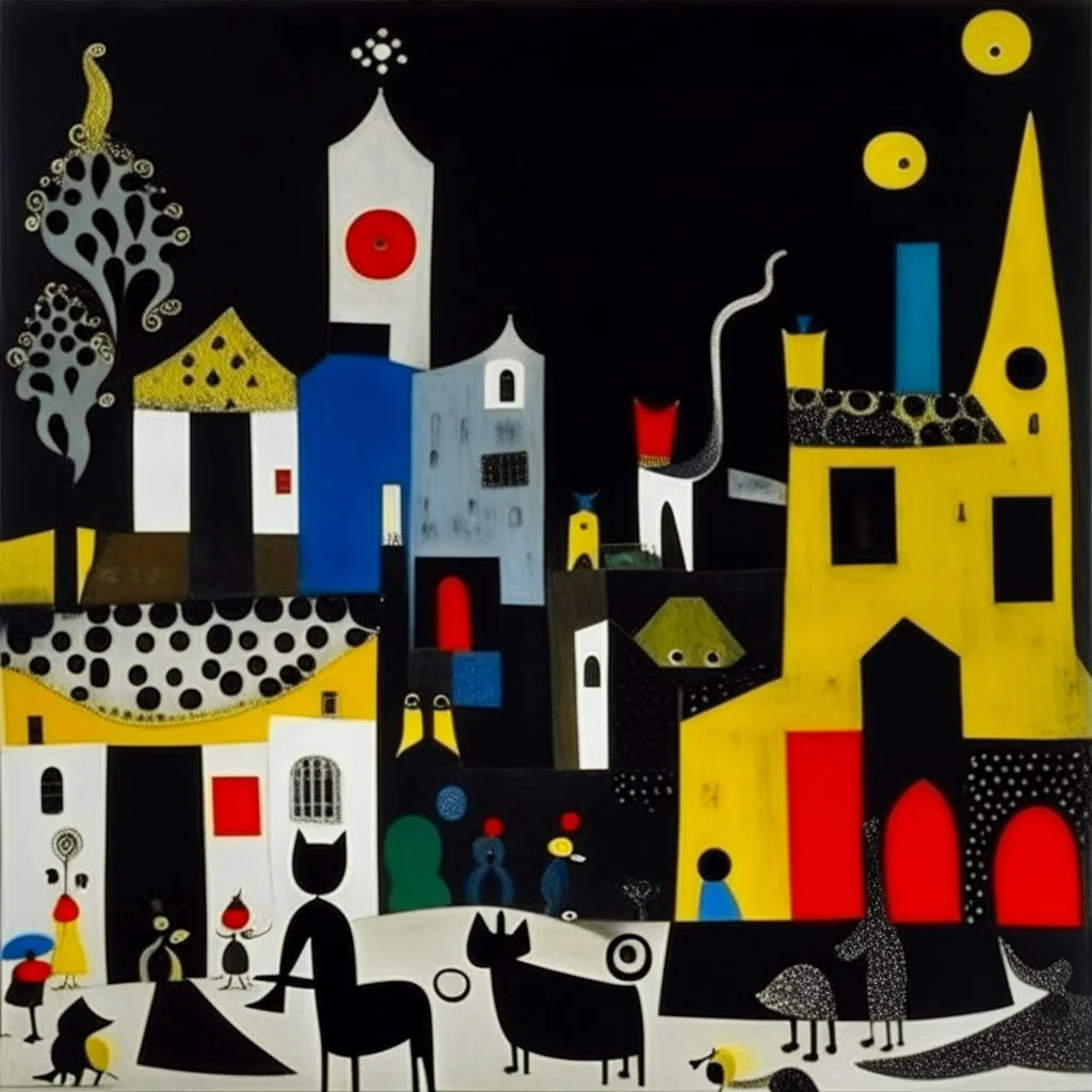 A black village in a shadow realm painted by Joan Miro