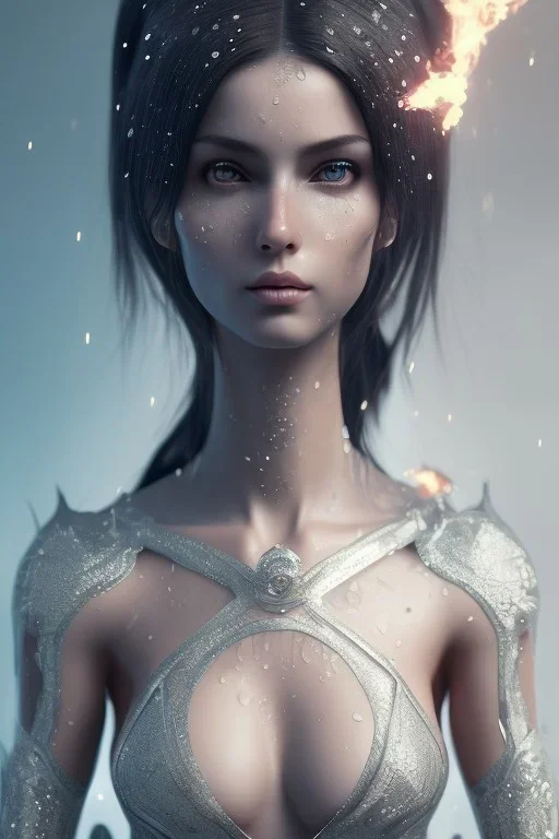 Hinata face, texture skin,Crystal white eyes, long black hair, wearing The família addams, realistic, 4k, intricate, best quality, fog particles, fire particles, octane render, vray, sword fire, rain