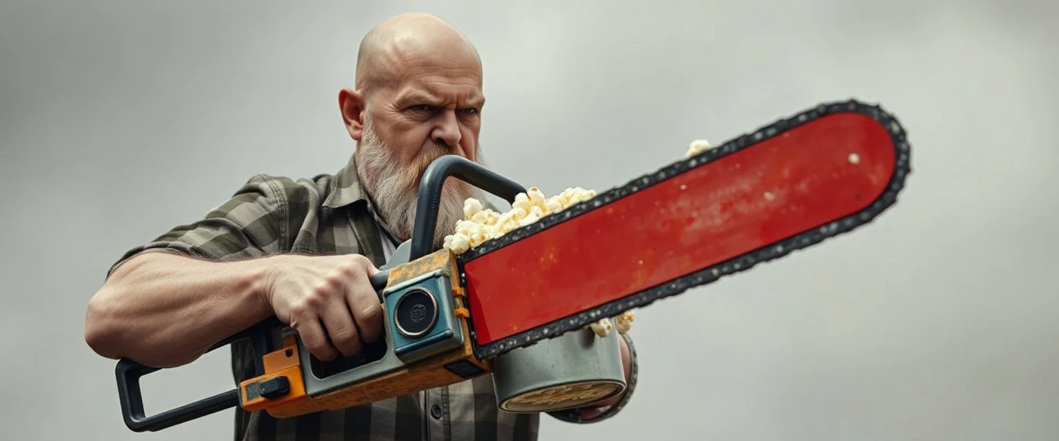 pop corn bucket that looks like a chain saw wielded by serious angry bald law man
