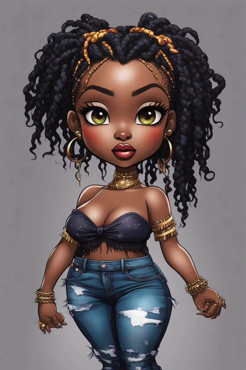 create a colorful abstract comic book art image 8k of a chibi curvy black female wearing torn jeans pants with fringe on the side and a black-tie dye off the shoulder blouse. Prominent make up with hazel eyes. Highly detailed long Senegalese twist in a hair wrap