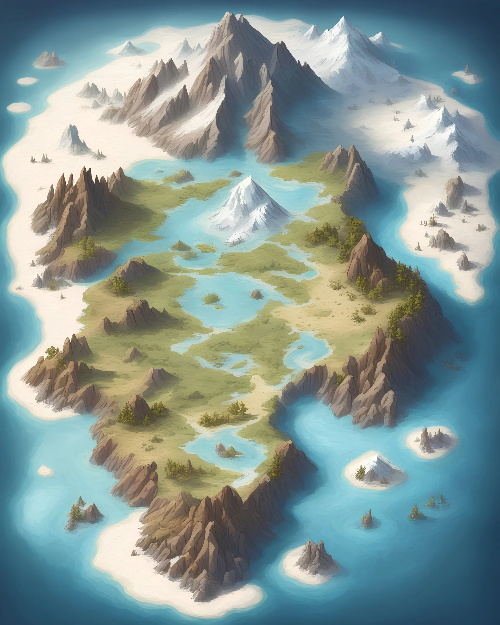 A fantasy map of an island with 3 different climates; desert, snow and forest. Include a mountain in the snow climate and a lake in the middle of the island.