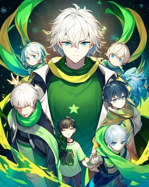 Young boy aged 14, determined, has short white hair, wears a green t-shirt with yellow stripes, wears a scarf with the colors of the rainbow, He is sad but looks ahead with a determined look, has light blue eyes, stars behind the character, and a colorful aura.