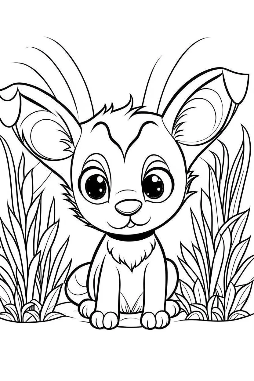 cute coloring page, sketch style, cute baby dog in the jungle, cute cartoon, white and black, withe background, no shadows, outline.