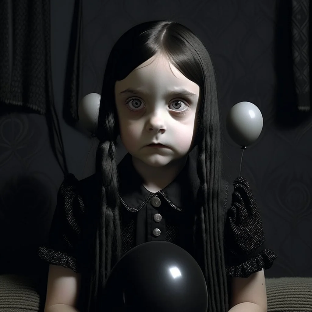 wednesday addams as a child, braids, a frange, a black balloon, polaroid, 1970s, empty black room, no emotion on her cold face