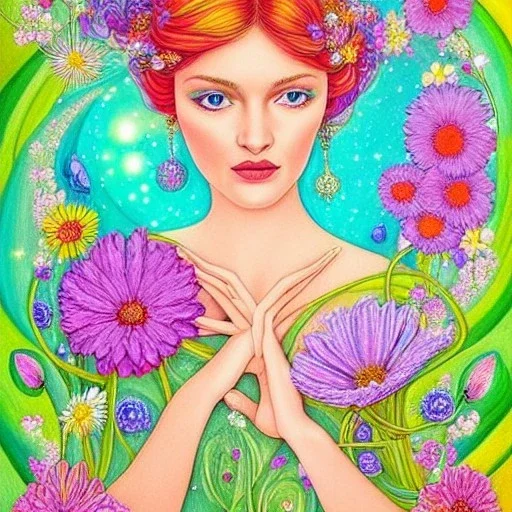 very beautiful portrait of bright fairy, cosmic atmosphere, perfect composition, 8k, super detailed, delicate flowers, complementary colours, intricate details, fantasy art