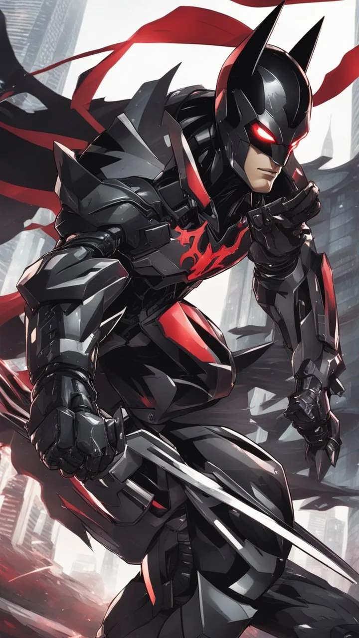 A close picture to Mix between symbiote and machine and batman in transformers cyborg with black metal and red details armor in solo leveling shadow art style with red details detailsis in fantasy world