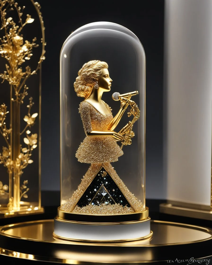 Luxury design of miniature singer music in a luxury glass display case, singer music, microphone,made of gold metal plate, metal craft with luminous diamond glitter, on the outside surface of luxury jewelry decoration very small diamond stones, very small abstract queen logo, 3D logo shape, musical notes, red diamond stones, black decoration, leaves and roses combined, emitting light, gold background