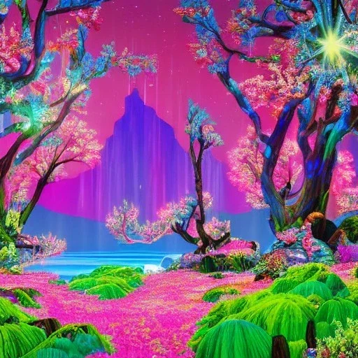 bright enchanted forest, blue lake,delicate flowers, pink tree, Swarosvsky crystals, cascades, full of details, smooth, bright sunshine，soft light atmosphere, light effect，vaporwave colorful, fantasy art, smooth, extremely sharp detail, finely tuned detail, ultra high definition, 8 k, unreal engine 5, ultra sharp focus