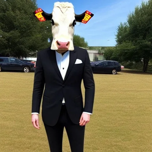 A cow wearing a suit and tie