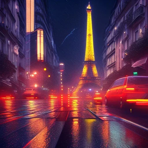 Cyberpunk street view in night, Paris, rain, ground reflection