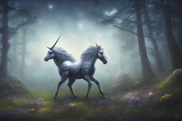 unicorn in the forest at night