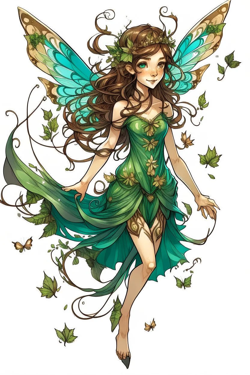 Forest fairy with iridesand teal wings and a cute short leaf dress and pointed ears and multiple vine earings and ear cuffs flying through a mythical forestand brown wavy hair trailing her
