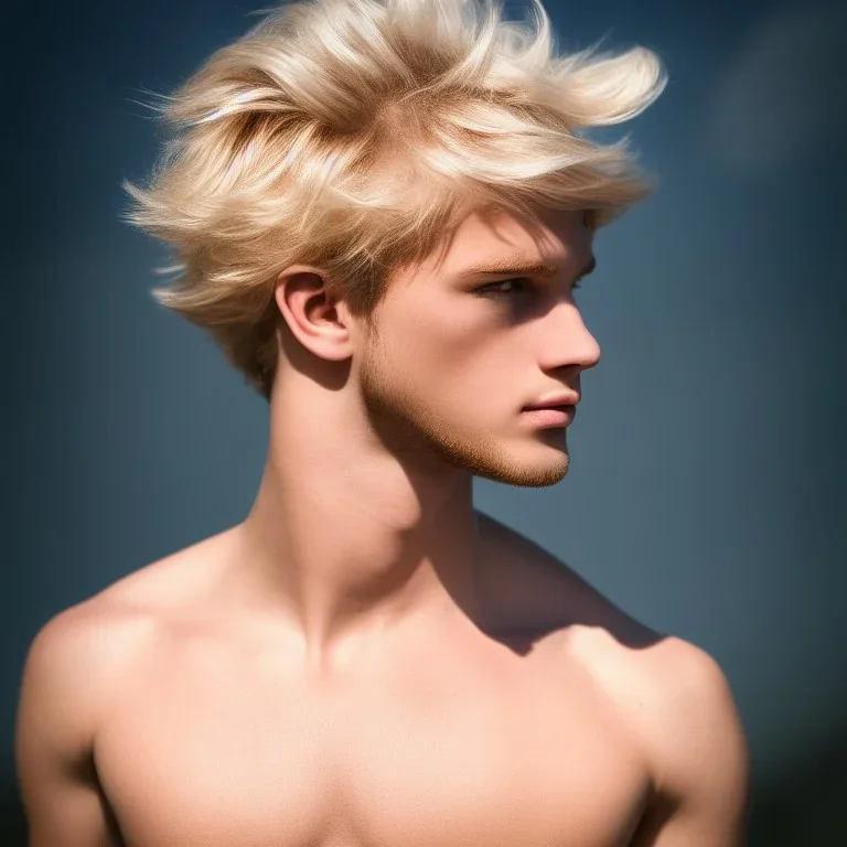 masterpiece, best quality, beautiful boy, blond flutter hair, highly detailed body, sun light, 4K, RAW, depth of field, high contrast, realistic details, 150mm