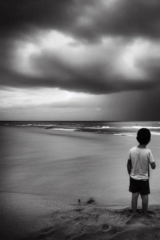 young boy on beach with a man laying down behind him, dark storm clouds overhead, gloomy, bleak, shopping trolley on side, dusk. the road cormac mccarthy