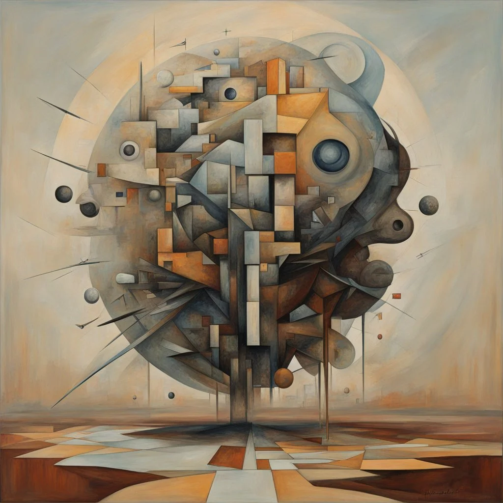 Random physical conception of freewill, style Anton Semienov, sinister expansive lunacy, inventiveness, originality, minimalist ambitious creation, clear and bright colors, matte oil painting, clever artistic rendering.