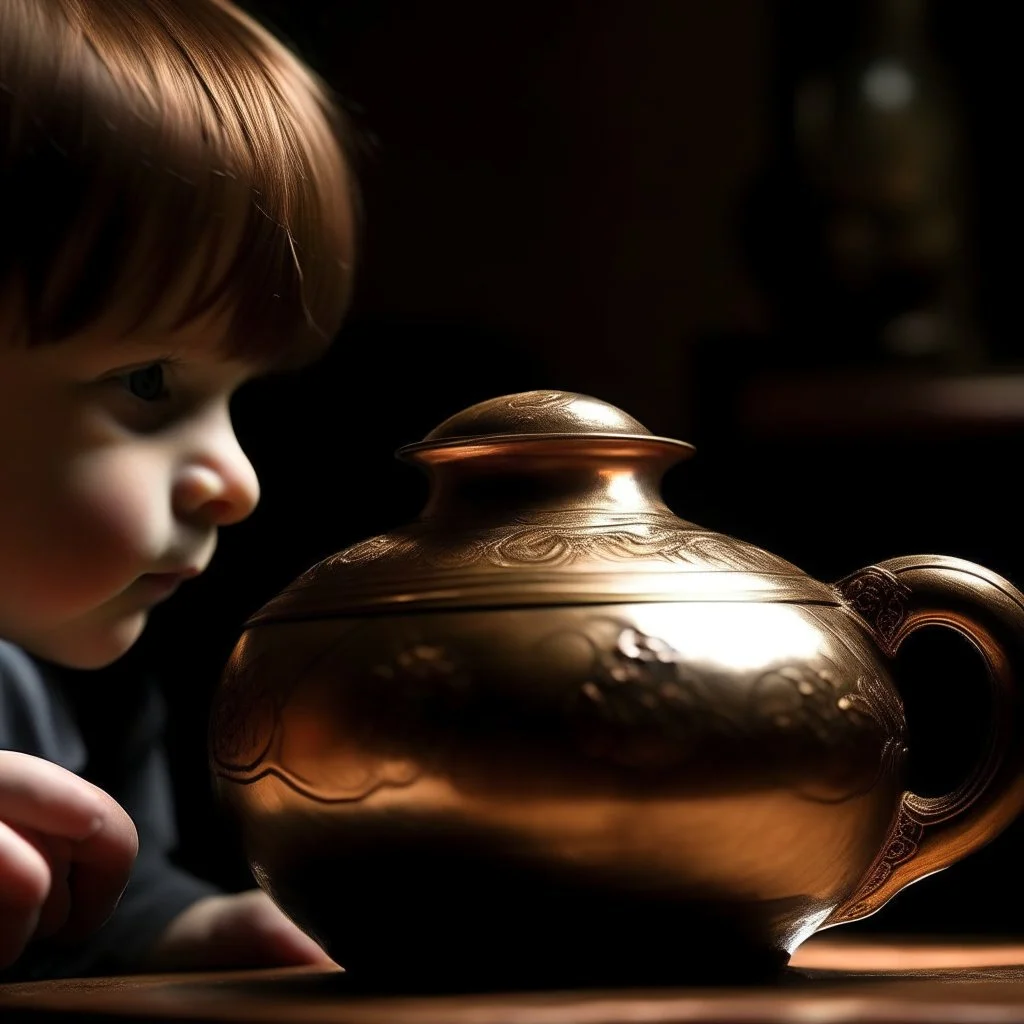 The reflection of a child on the surface of an old copper teapot